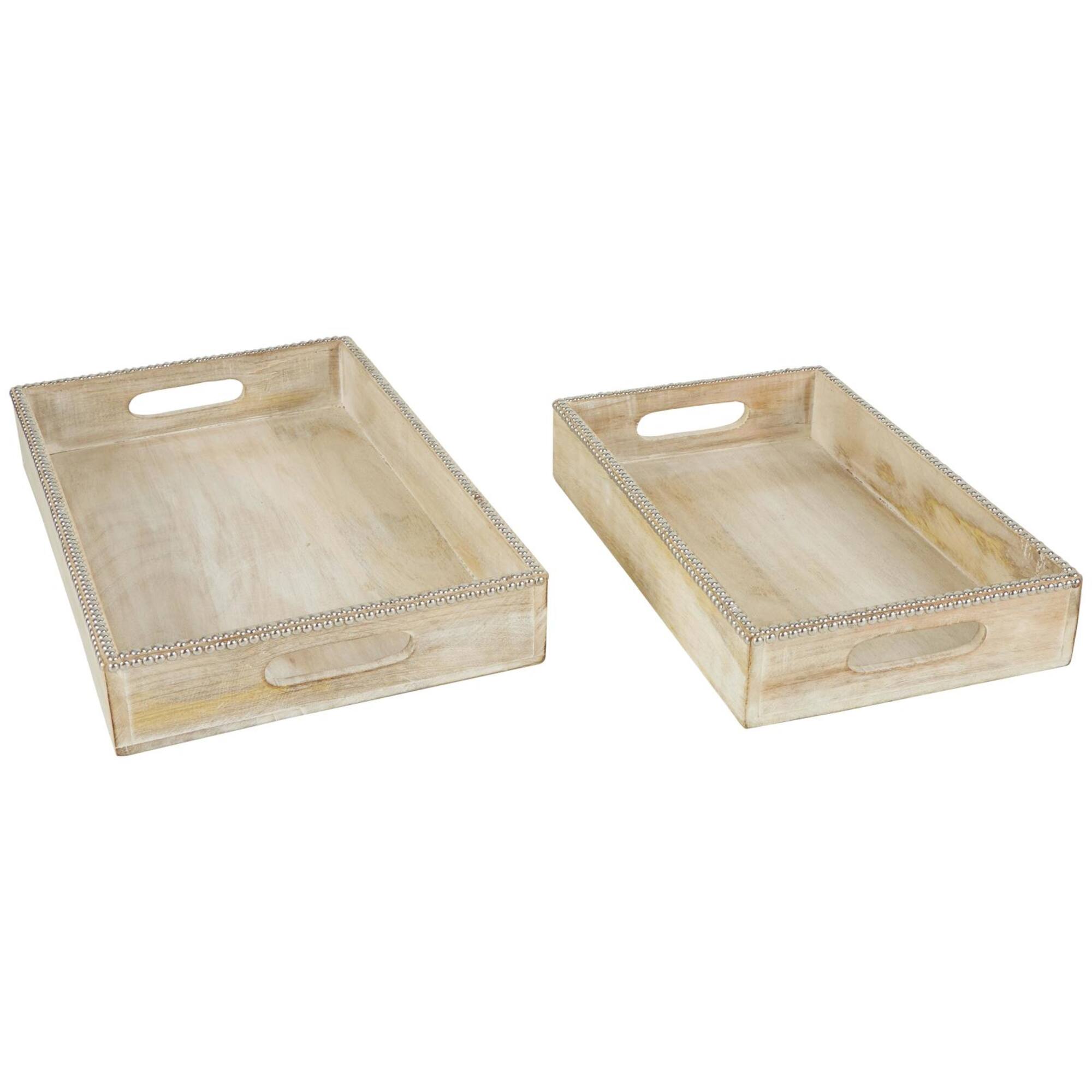 Light Brown Mango Wood Trays with Silver Beaded Rim, 2ct.